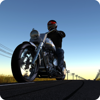 Man riding a motorcycle at dusk on a highway outside of a city.