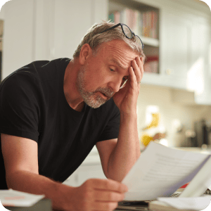 Stressed man looking at a bill.