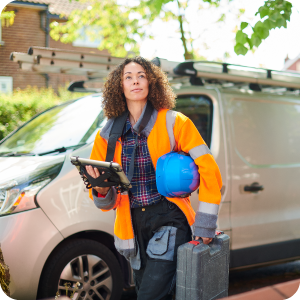 Female electrician standing outside by her work van.