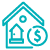 Teal icon of a house with a coin in front of it.