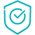 Teal icon of a shield with a check mark.