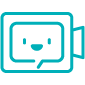 Teal icon of a video camera with a smiley face.