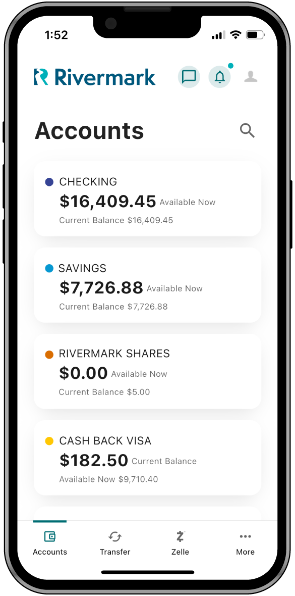 Accounts screen within the Rivermark mobile app.