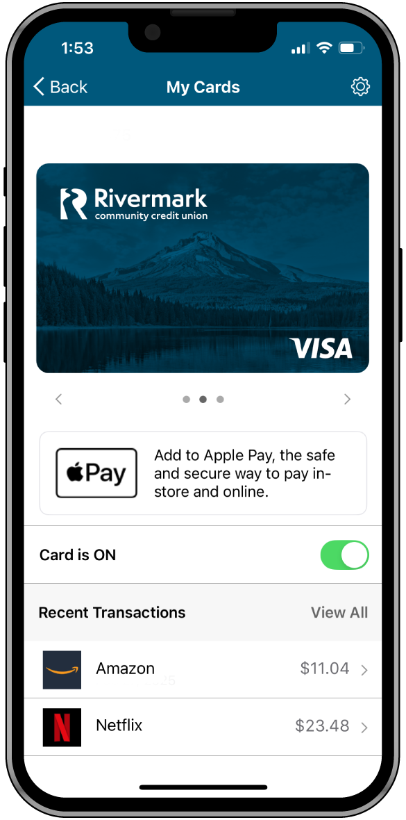 Card control feature within the Rivermark mobile app.