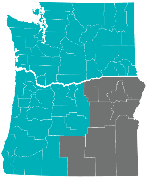 Map of Oregon and Washington outlining the counties Rivermark serves.