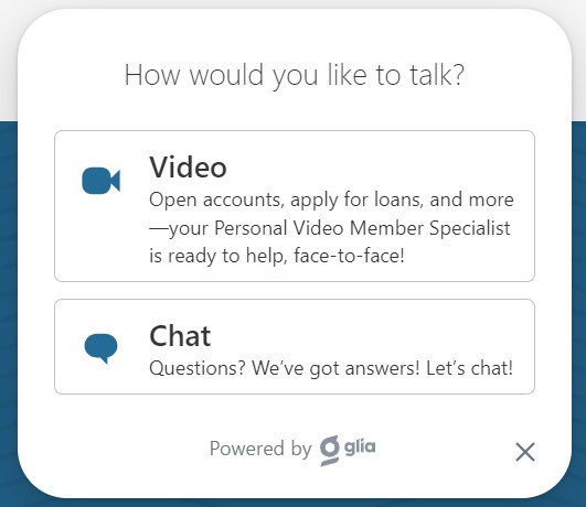 Chat and Video Banking Pop Up graphic on Desktop